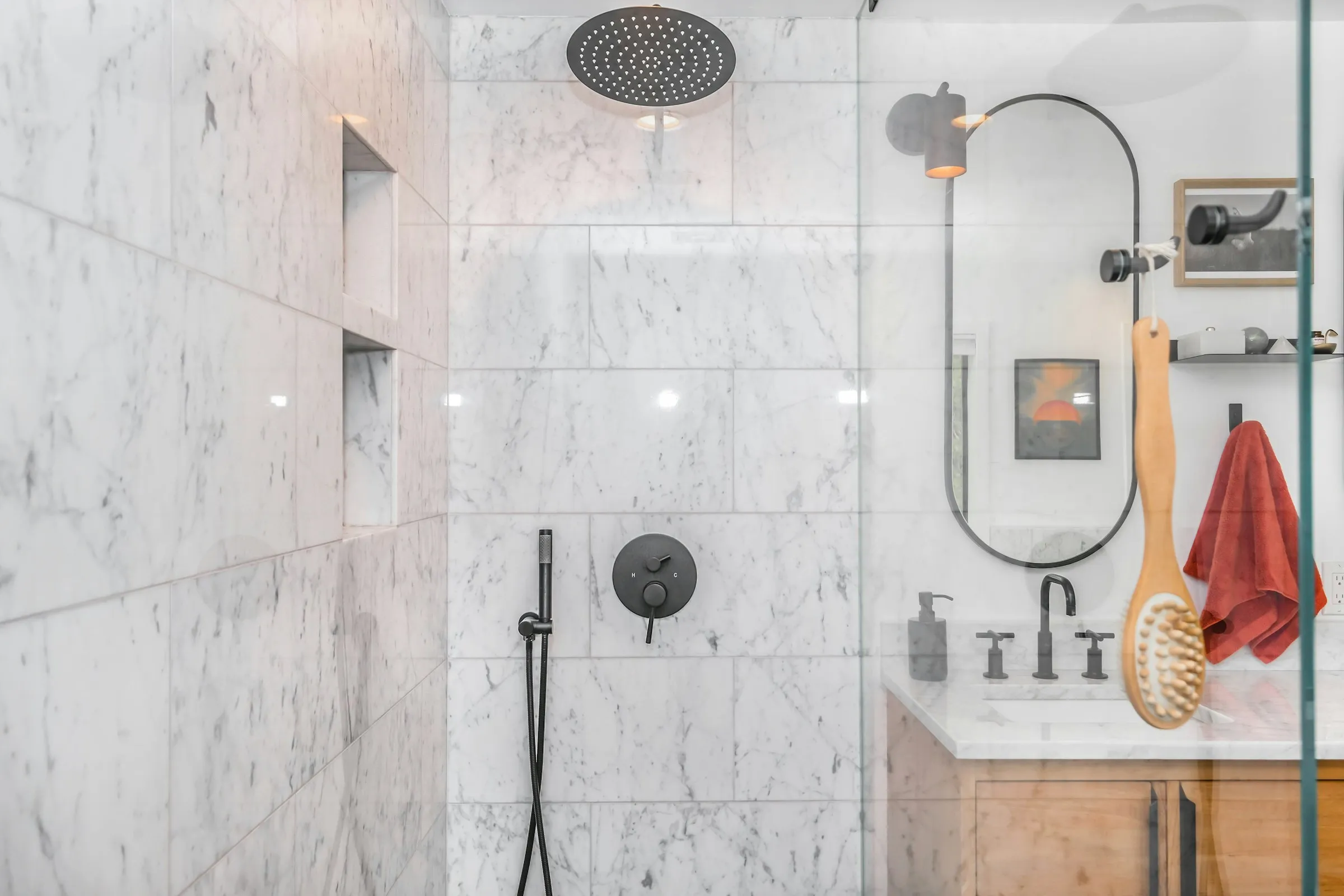 White bathroom tiles and shower