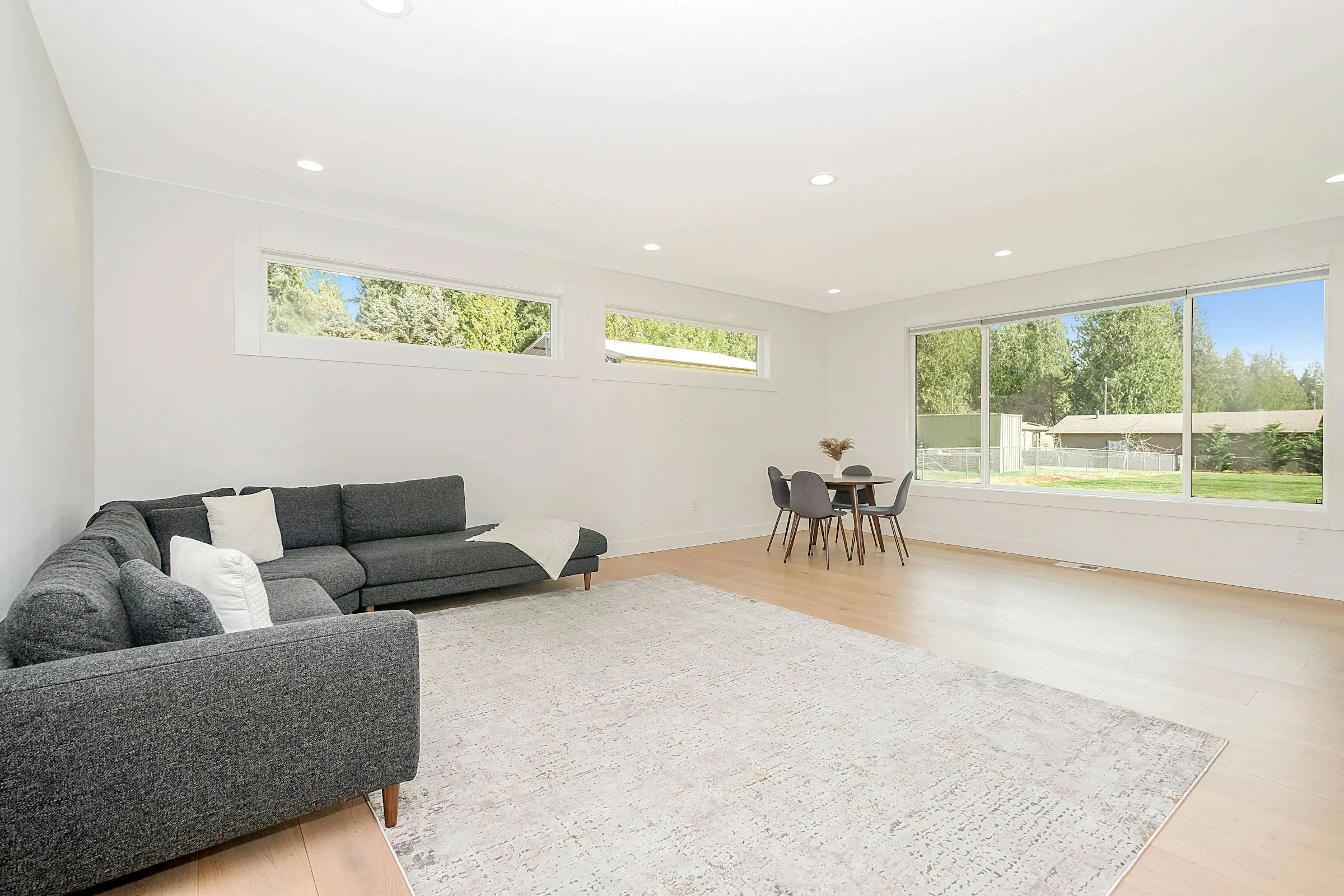 Bright living room with a soft grey area rug under the furniture
