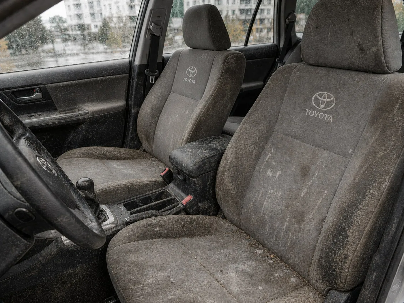 Toyota front seats grey with ground-in dirt, road salt and dust before cleaning