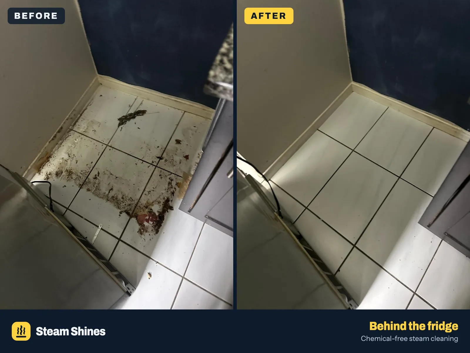Before: white floor tiles beside a fridge covered in dark, dried grime and debris, with a dirty baseboard. After: the same tiles pale and clear, with the grout lines visible.