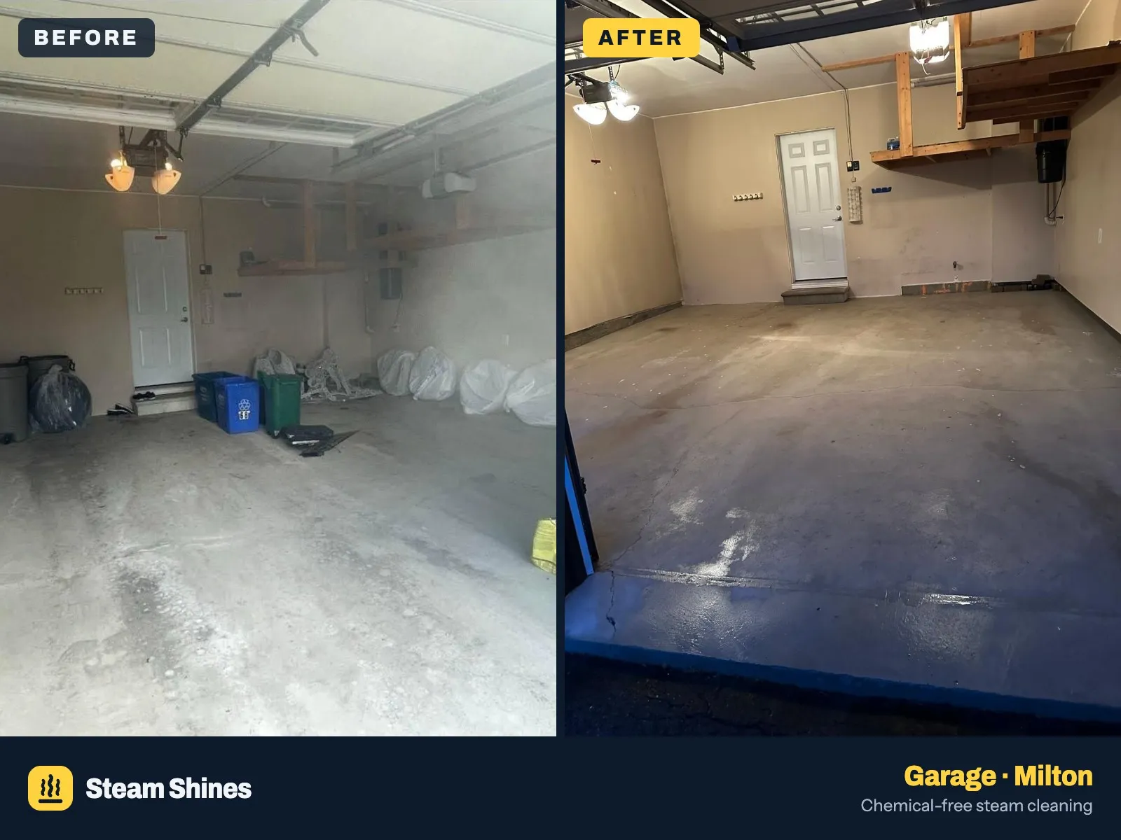 Before: a garage with a dusty grey concrete floor and bins and bags along the back wall. After: the same garage cleared out, with the concrete floor darker and glossy and some marks still visible.