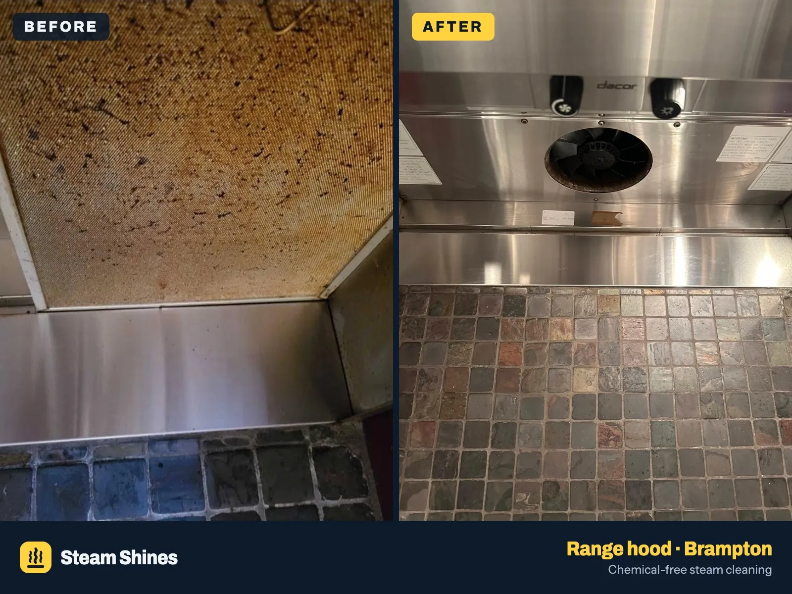 Before: a range hood filter covered in brown grease and dark specks above dull stainless steel. After: the stainless steel hood interior looking bright and clean around the fan opening, with clean tile below.