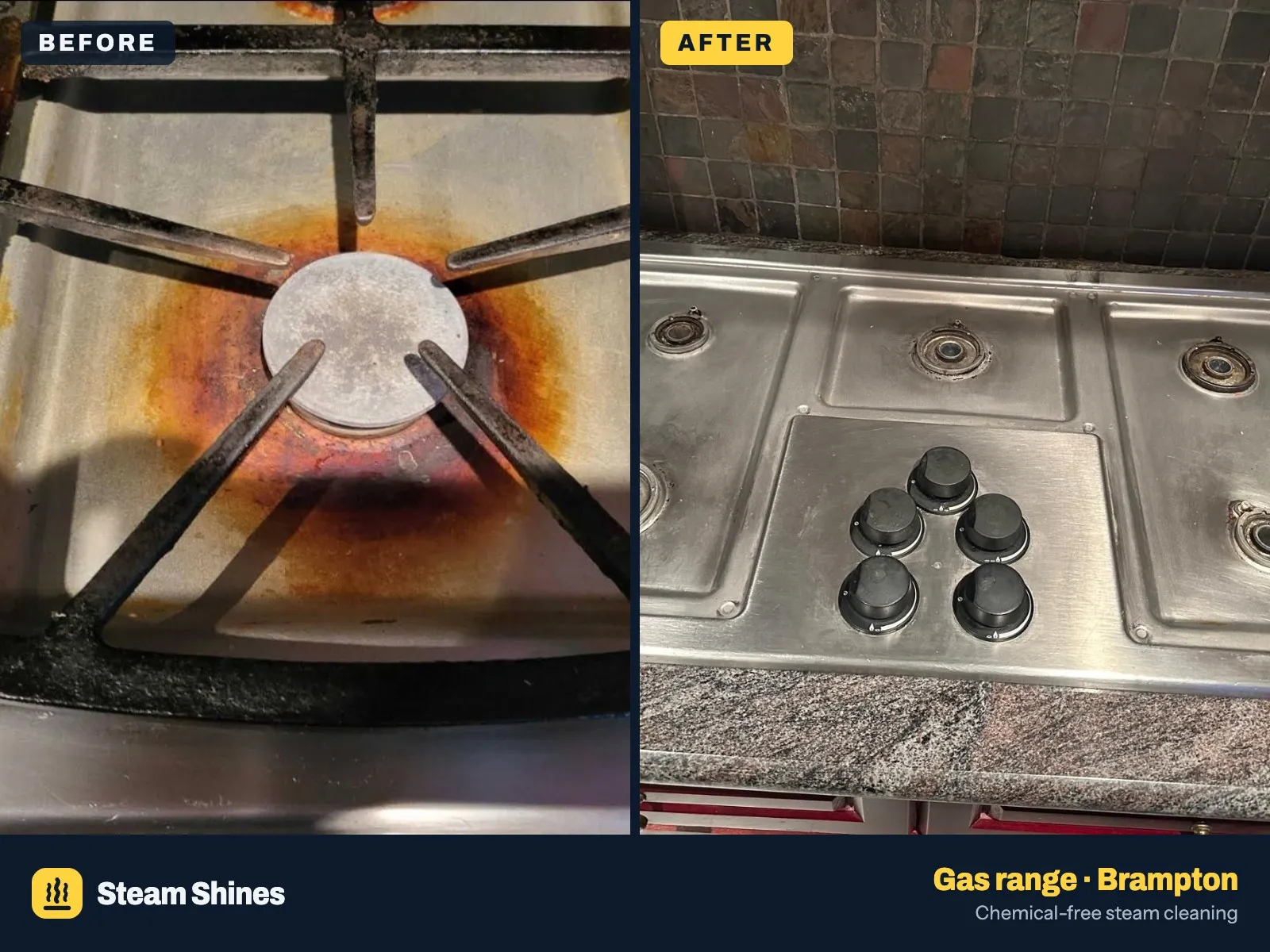 Before: a gas burner with black baked-on residue on the grate and an orange-brown burnt stain across the steel around it. After: a stainless steel gas cooktop with five black knobs and clean, even metal around the burners.